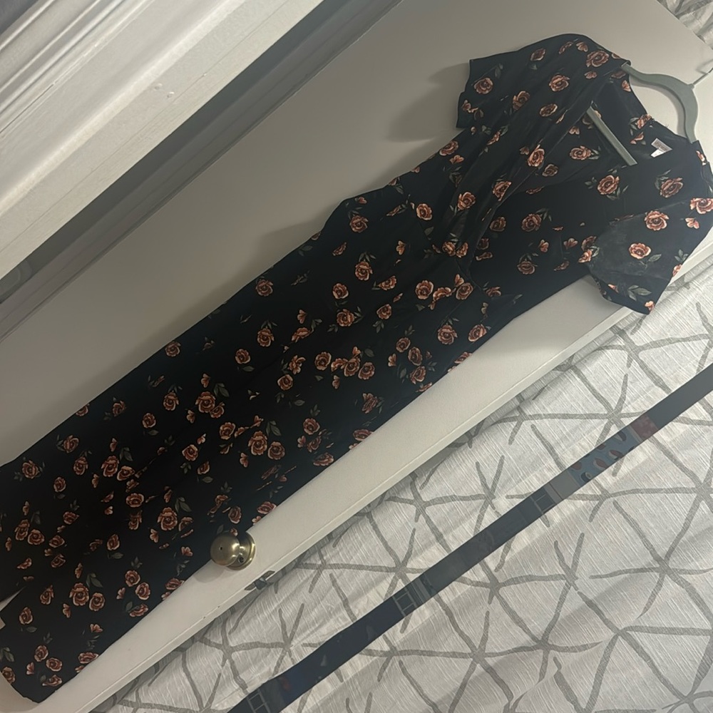 Black Peach Floral Pantsuit w pockets and tie